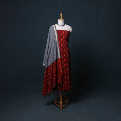Pochampally Ikat Cotton Unstitched Dress Material: Kurta, Bottom with Dupatta 02