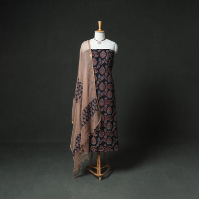 Ajrakh Block Print Natural Dyed Cotton Unstitched Dress Material: Kurta & Dupatta with Jewellery 05