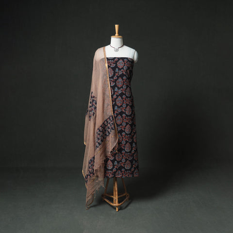 Black - Ajrakh Block Print Natural Dyed Cotton Unstitched Dress Material: Kurta & Dupatta with Jewellery 05