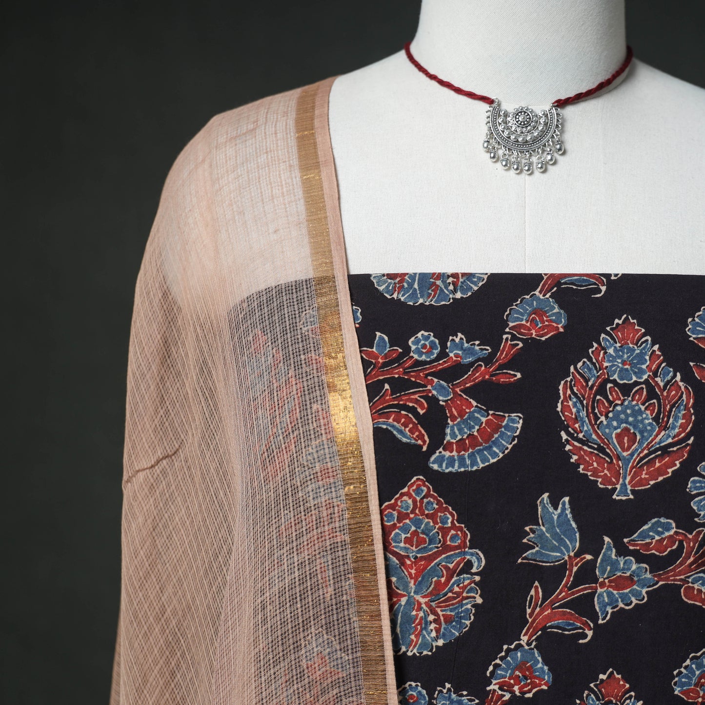 Ajrakh Block Print Natural Dyed Cotton Unstitched Dress Material: Kurta & Dupatta with Jewellery 05