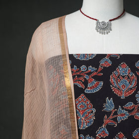 Ajrakh Block Print Natural Dyed Cotton Unstitched Dress Material: Kurta & Dupatta with Jewellery 05
