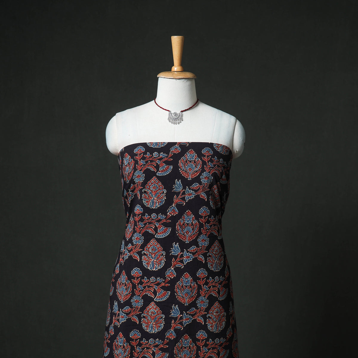 Ajrakh Block Print Natural Dyed Cotton Unstitched Dress Material: Kurta & Dupatta with Jewellery 05