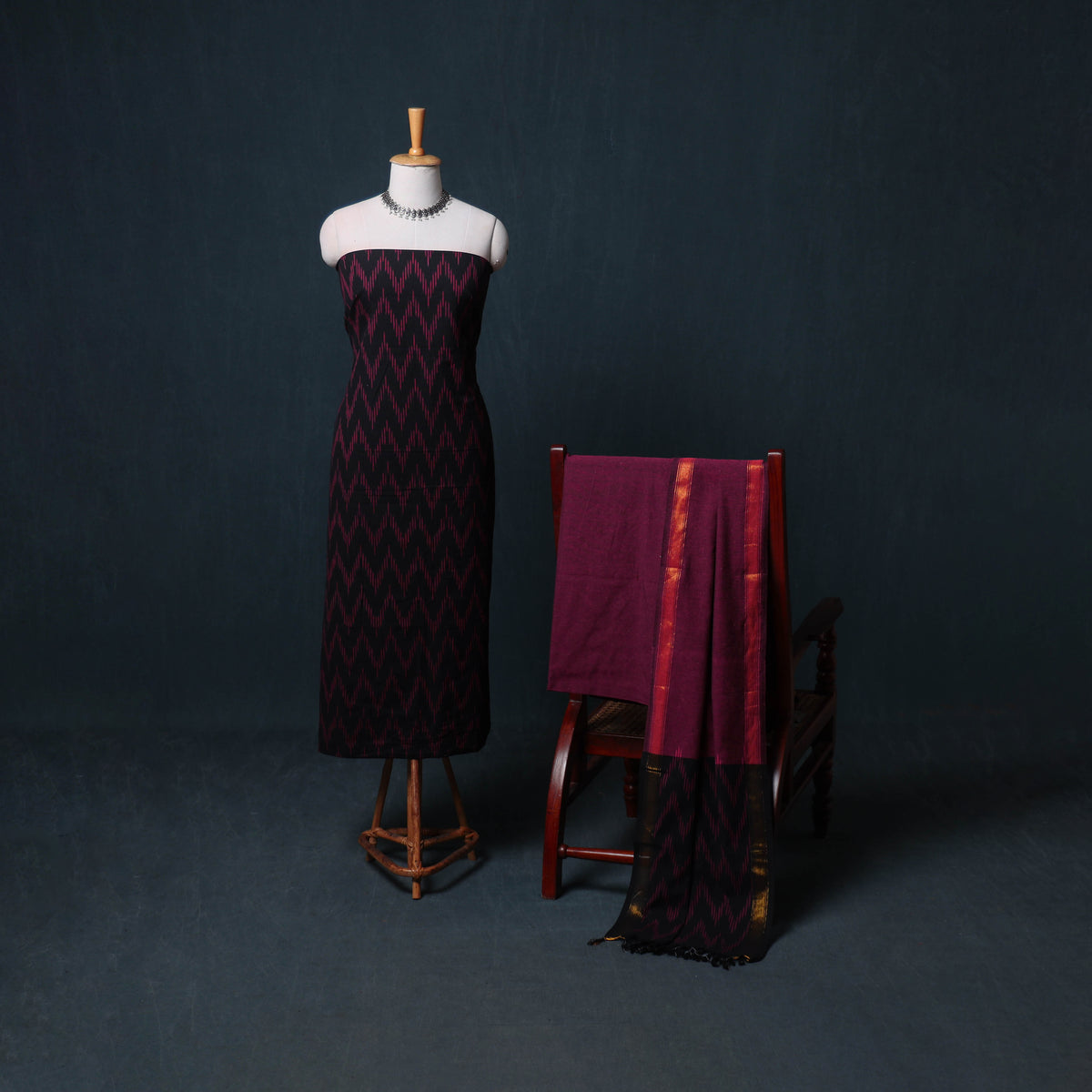 Pochampally Ikat Cotton Unstitched Dress Material: Kurta, Bottom with Dupatta 03