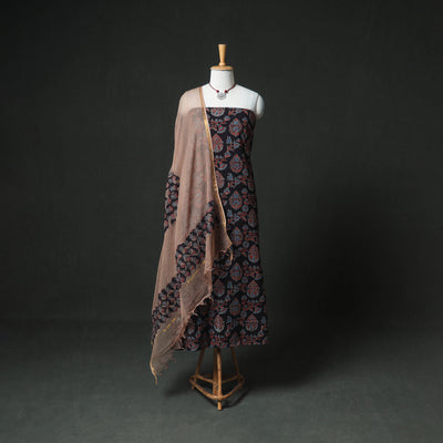 Ajrakh Block Print Natural Dyed Cotton Unstitched Dress Material: Kurta & Dupatta with Jewellery 06