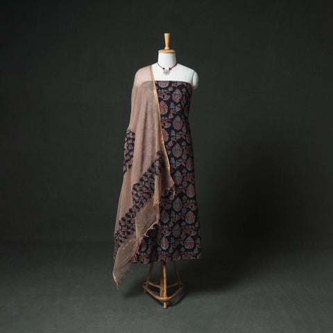 Black - Ajrakh Block Print Natural Dyed Cotton Unstitched Dress Material: Kurta & Dupatta with Jewellery 06