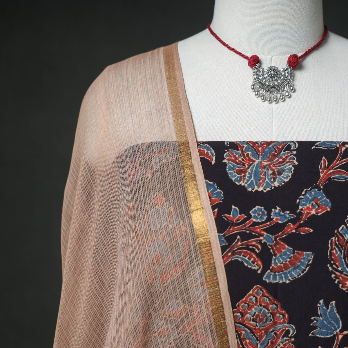 Ajrakh Block Print Natural Dyed Cotton Unstitched Dress Material: Kurta & Dupatta with Jewellery 06