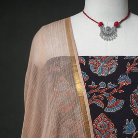 Ajrakh Block Print Natural Dyed Cotton Unstitched Dress Material: Kurta & Dupatta with Jewellery 06
