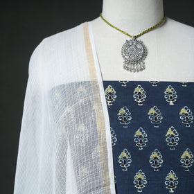 Ajrakh Block Print Natural Dyed Cotton Unstitched Dress Material: Kurta & Dupatta with Jewellery 07