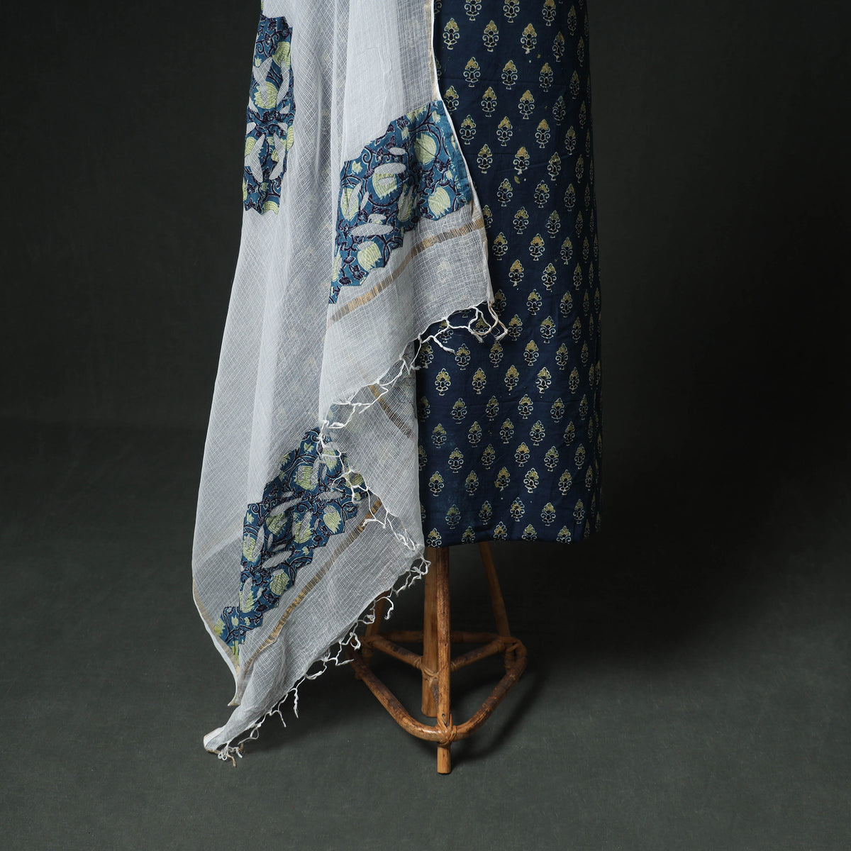 Ajrakh Block Print Natural Dyed Cotton Unstitched Dress Material: Kurta & Dupatta with Jewellery 07