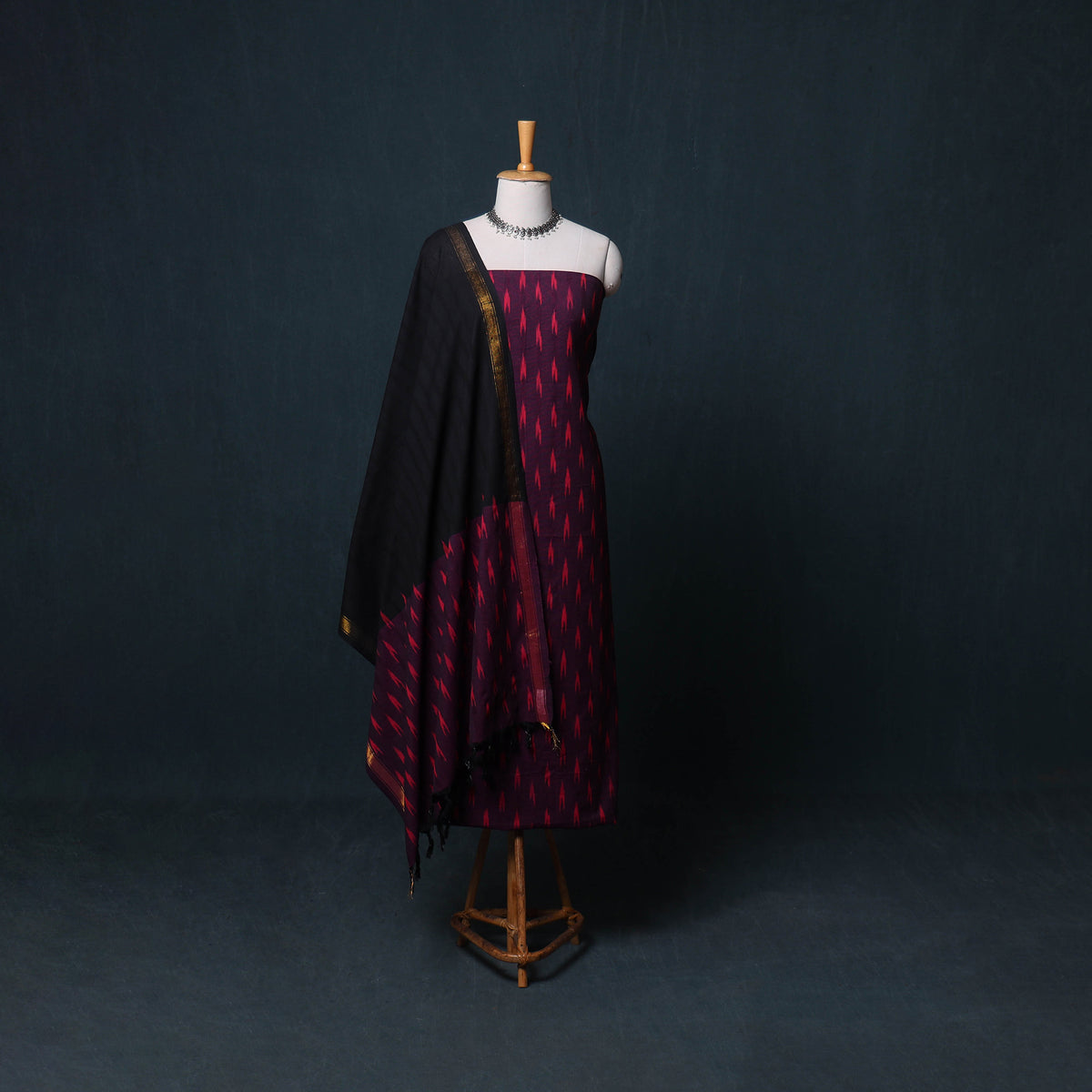 Pochampally Ikat Cotton Unstitched Dress Material: Kurta, Bottom with Dupatta 05