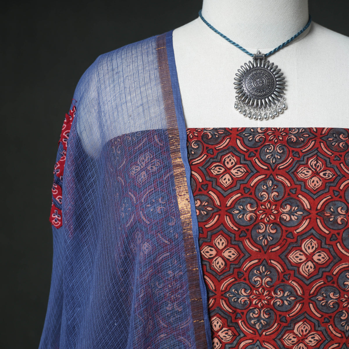 Ajrakh Block Print Natural Dyed Cotton Unstitched Dress Material: Kurta & Dupatta with Jewellery 08