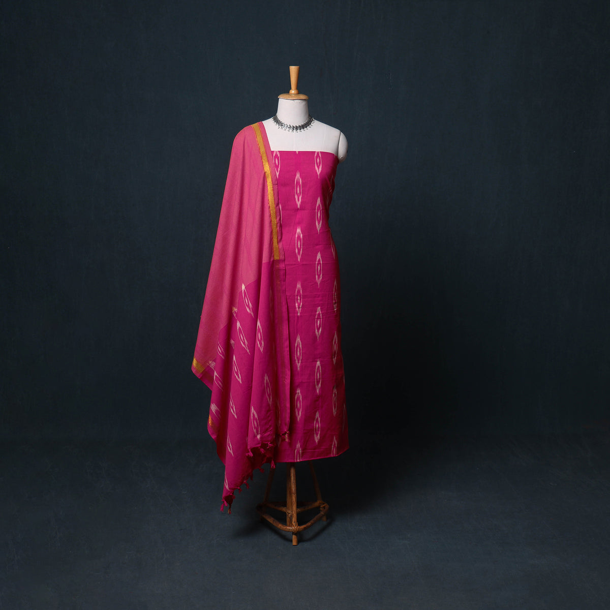 Pochampally Ikat Cotton Unstitched Dress Material: Kurta, Bottom with Dupatta 06