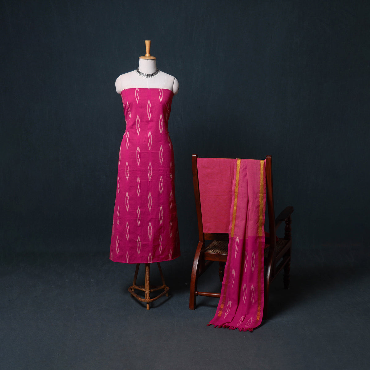 Pochampally Ikat Cotton Unstitched Dress Material: Kurta, Bottom with Dupatta 06