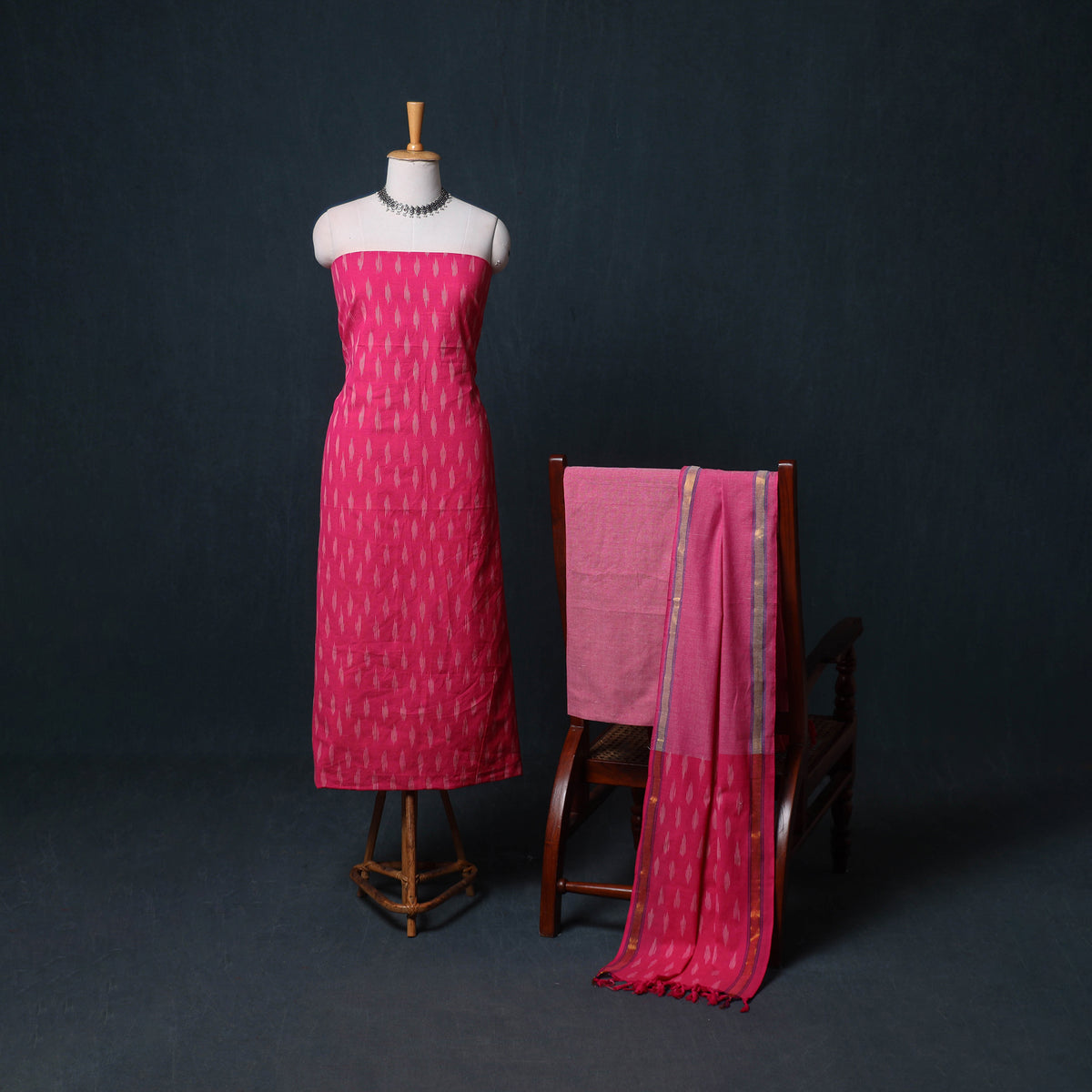 Pochampally Ikat Cotton Unstitched Dress Material: Kurta, Bottom with Dupatta 07