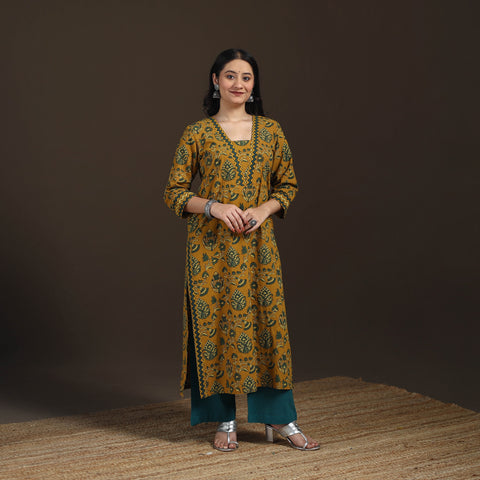 Yellow - Ajrakh Hand Block Print Natural Dyed Cotton Straight Long Kurta for women 26