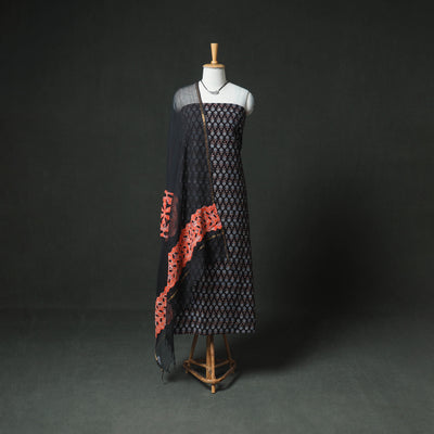Ajrakh Block Print Natural Dyed Cotton Unstitched Dress Material: Kurta & Dupatta with Jewellery 10