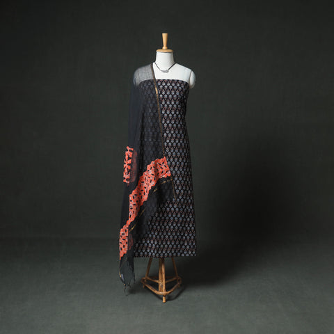 Ajrakh Block Print Natural Dyed Cotton Unstitched Dress Material: Kurta & Dupatta with Jewellery 10