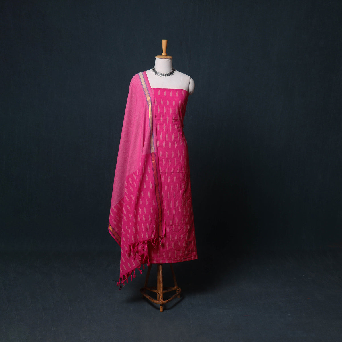 Pochampally Ikat Cotton Unstitched Dress Material: Kurta, Bottom with Dupatta 07