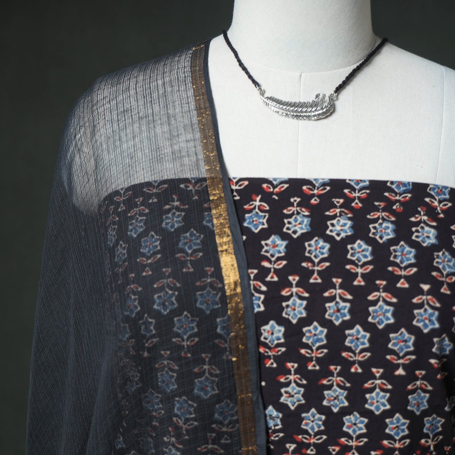 Ajrakh Block Print Natural Dyed Cotton Unstitched Dress Material: Kurta & Dupatta with Jewellery 10