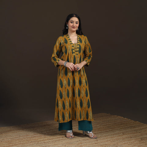 Yellow - Ajrakh Hand Block Print Natural Dyed Cotton Straight Long Kurta for women 04