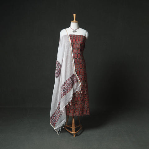 Ajrakh Block Print Natural Dyed Cotton Unstitched Dress Material: Kurta & Dupatta with Jewellery 09