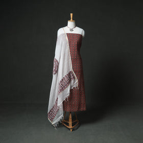 Ajrakh Block Print Natural Dyed Cotton Unstitched Dress Material: Kurta & Dupatta with Jewellery 09
