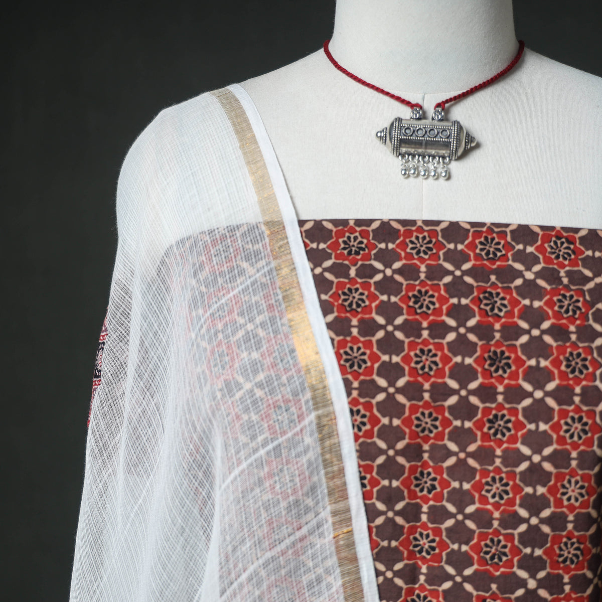 Ajrakh Block Print Natural Dyed Cotton Unstitched Dress Material: Kurta & Dupatta with Jewellery 09