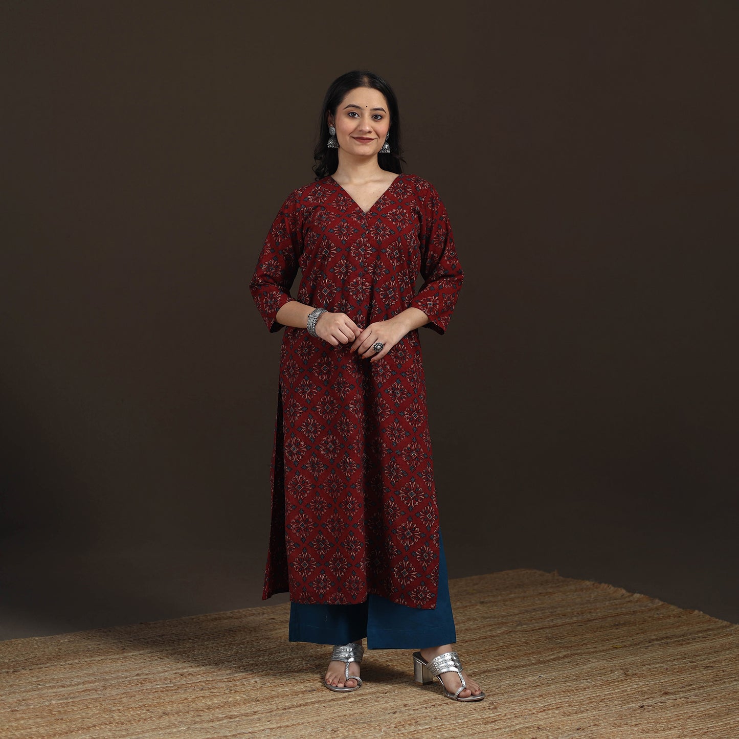 Ajrakh Hand Block Print Natural Dyed Cotton Straight Long Kurta for women 11