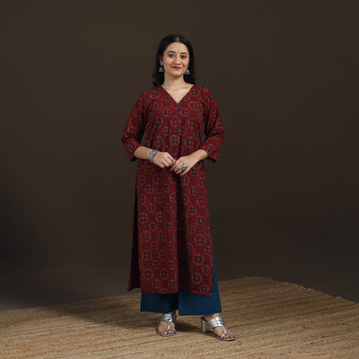 Ajrakh Hand Block Print Natural Dyed Cotton Straight Long Kurta for women 11