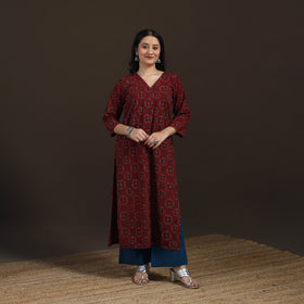 Ajrakh Hand Block Print Natural Dyed Cotton Straight Long Kurta for women 11
