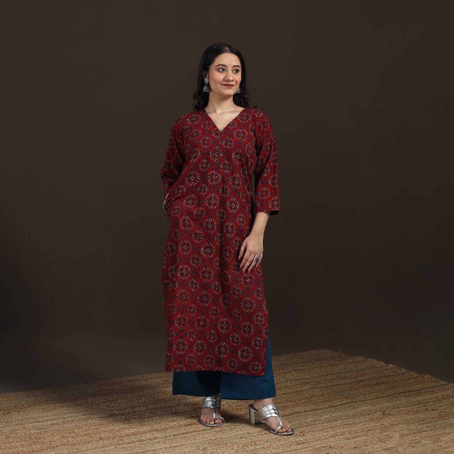 Ajrakh Hand Block Print Natural Dyed Cotton Straight Long Kurta for women 11