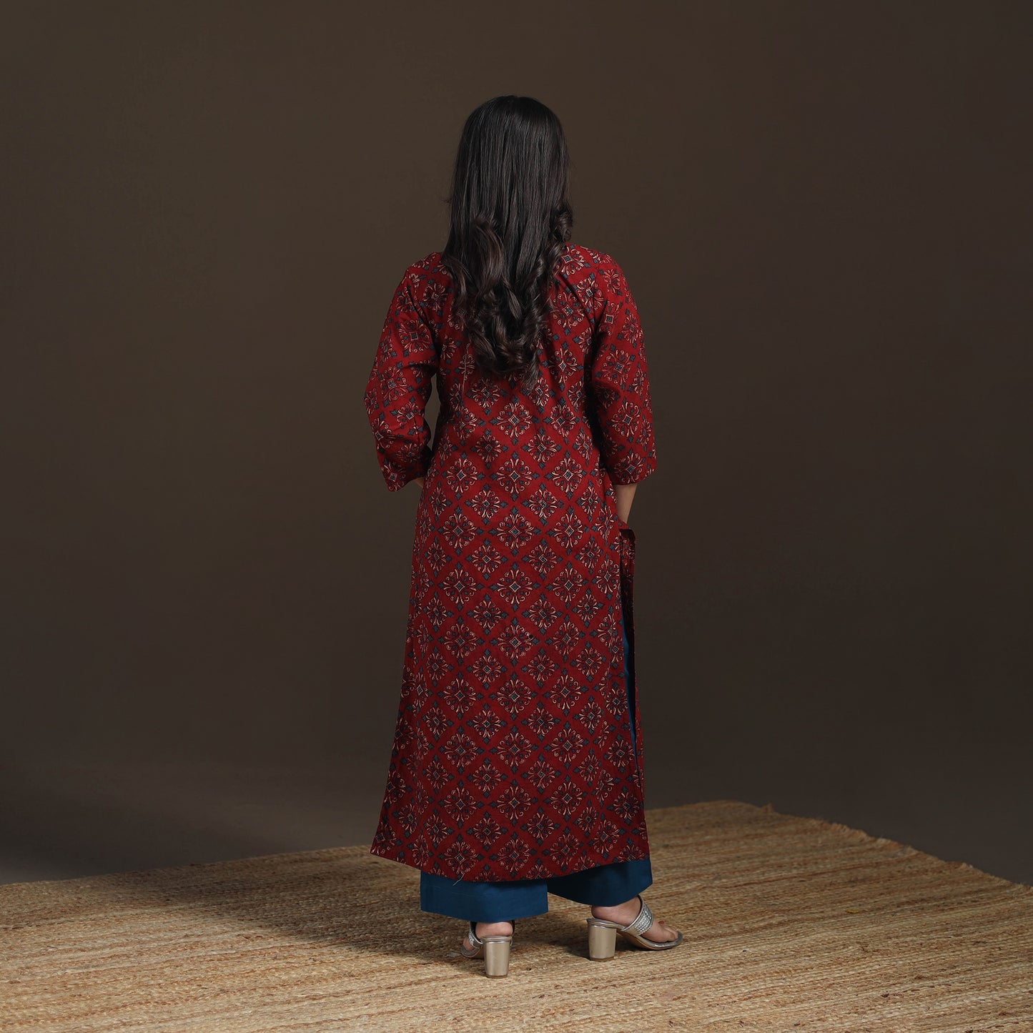 Ajrakh Hand Block Print Natural Dyed Cotton Straight Long Kurta for women 11