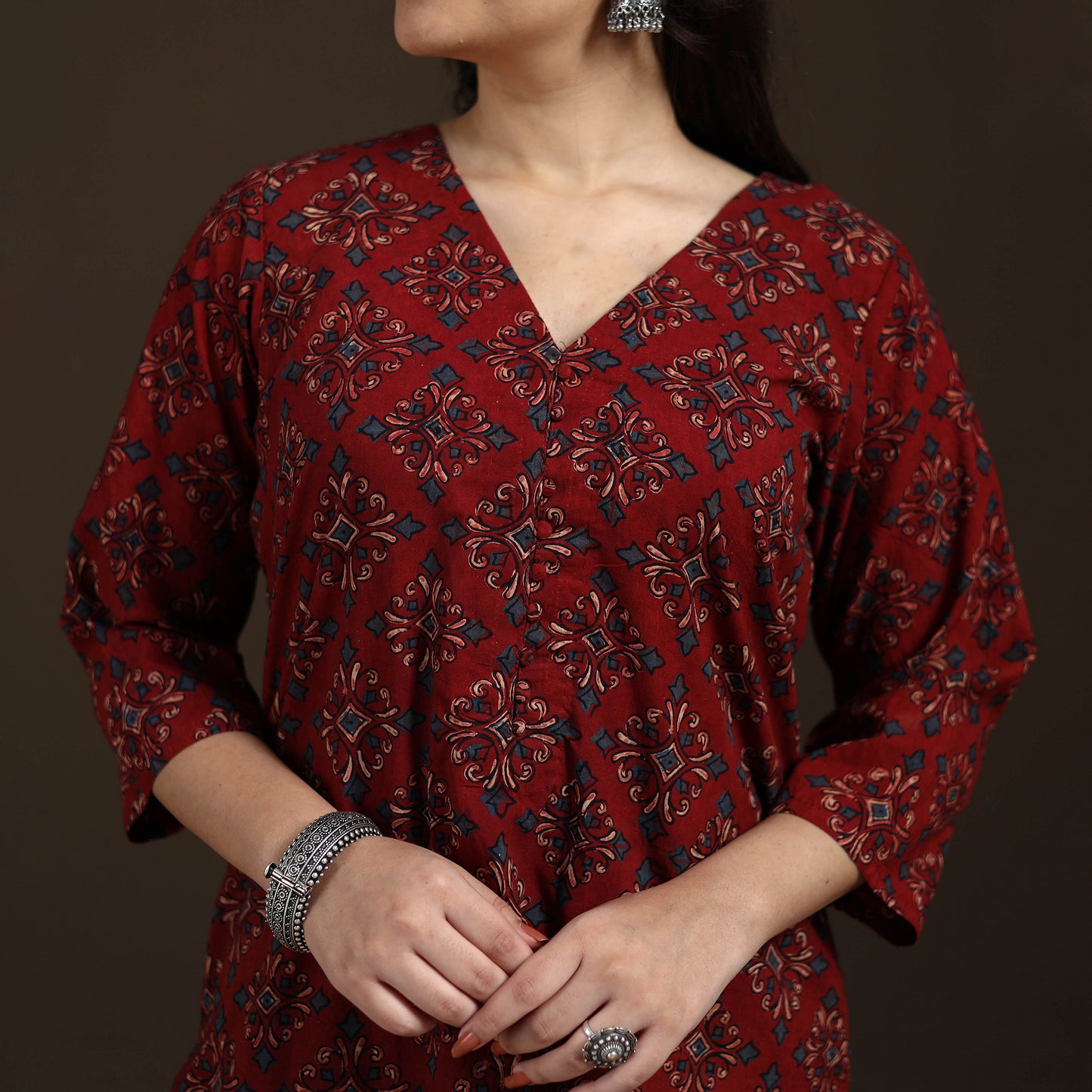 Ajrakh Hand Block Print Natural Dyed Cotton Straight Long Kurta for women 11
