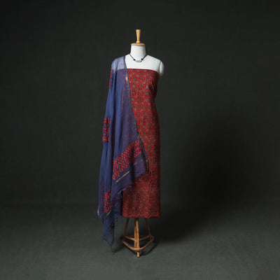 Ajrakh Block Print Natural Dyed Cotton Unstitched Dress Material: Kurta & Dupatta with Jewellery 11
