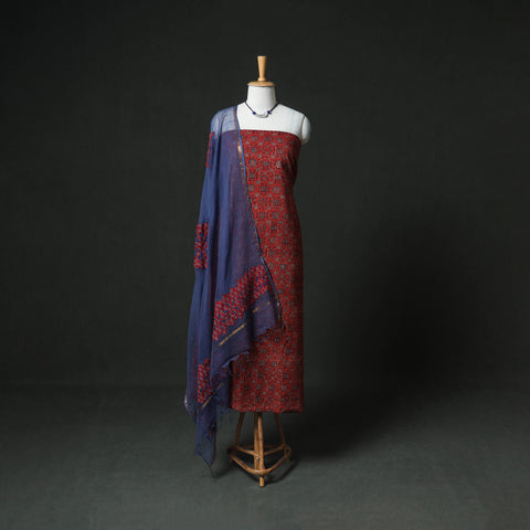 Ajrakh Block Print Natural Dyed Cotton Unstitched Dress Material: Kurta & Dupatta with Jewellery 11