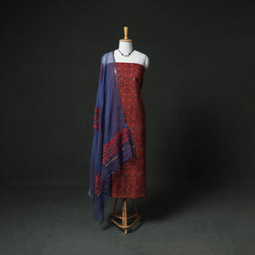 Ajrakh Block Print Natural Dyed Cotton Unstitched Dress Material: Kurta & Dupatta with Jewellery 11
