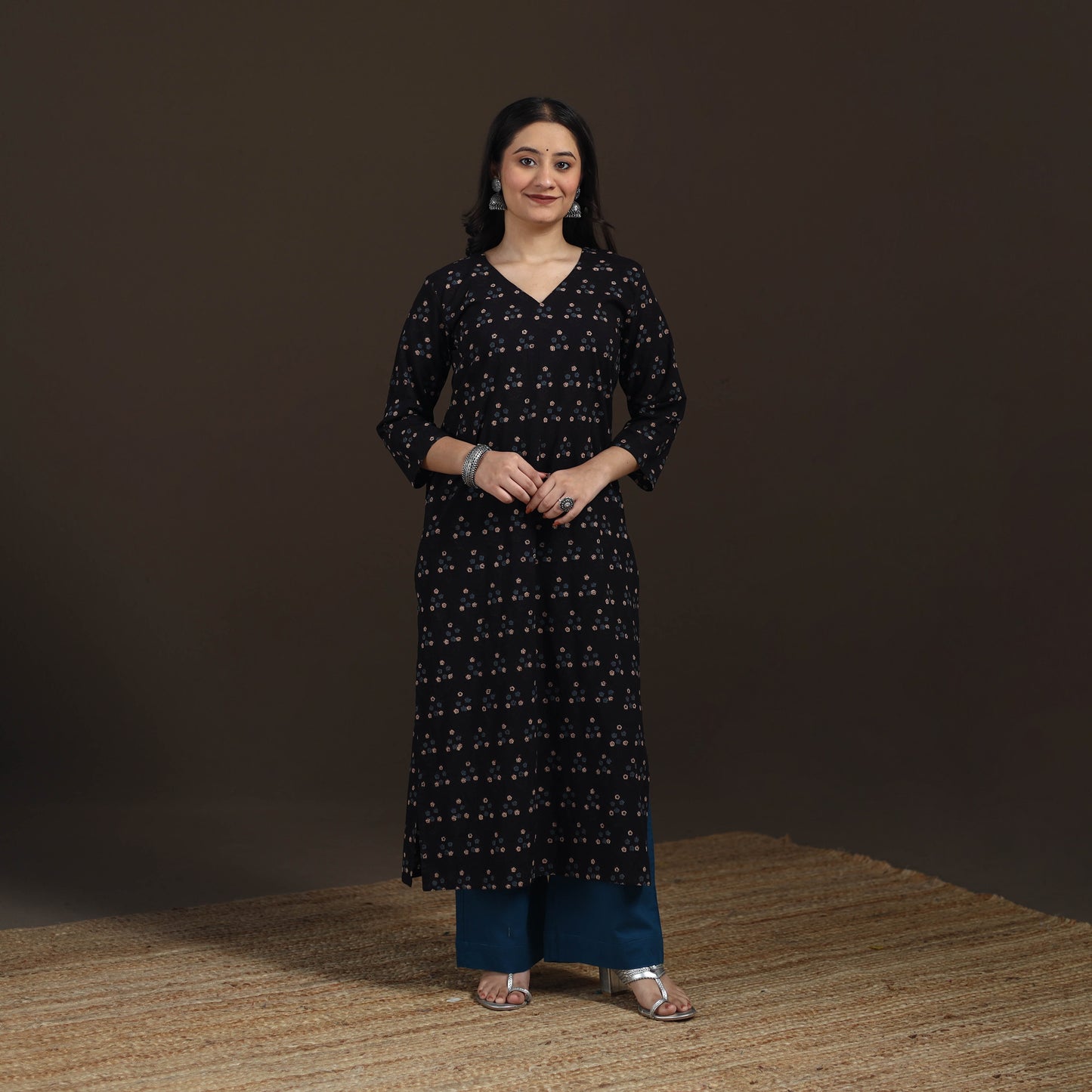 Ajrakh Hand Block Print Natural Dyed Cotton Straight Long Kurta for women 16