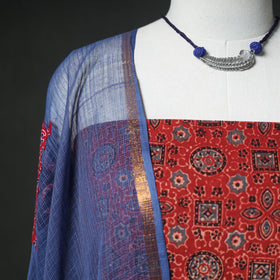 Ajrakh Block Print Natural Dyed Cotton Unstitched Dress Material: Kurta & Dupatta with Jewellery 11