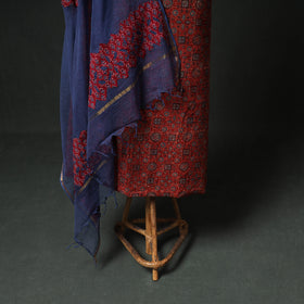 Ajrakh Block Print Natural Dyed Cotton Unstitched Dress Material: Kurta & Dupatta with Jewellery 11