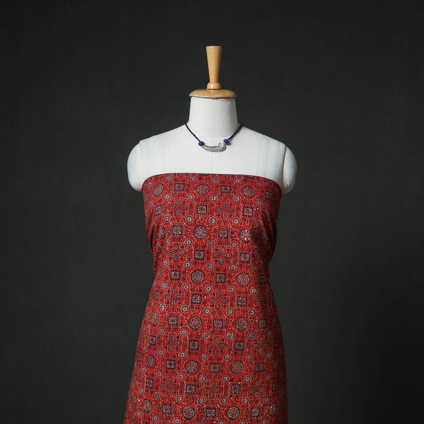 Ajrakh Block Print Natural Dyed Cotton Unstitched Dress Material: Kurta & Dupatta with Jewellery 11