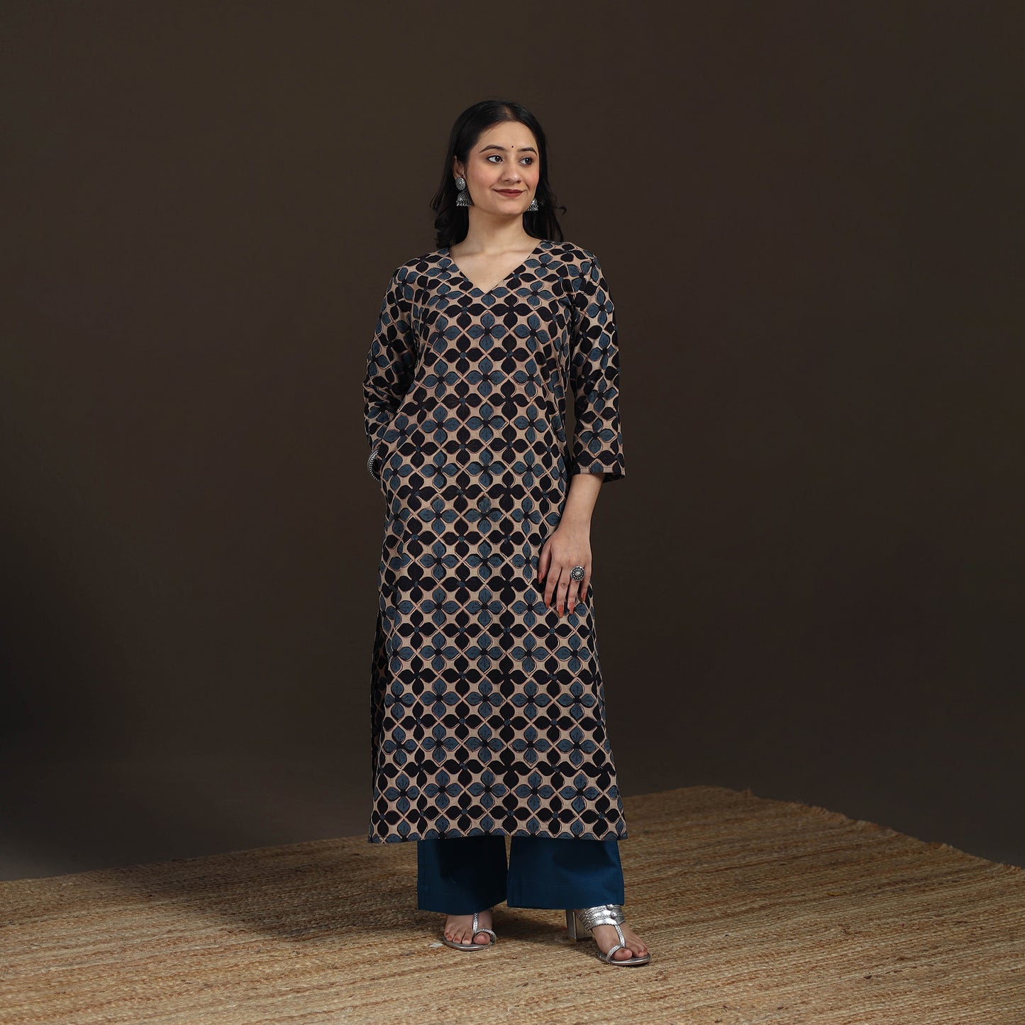 Ajrakh Hand Block Print Natural Dyed Cotton Straight Long Kurta for women 18