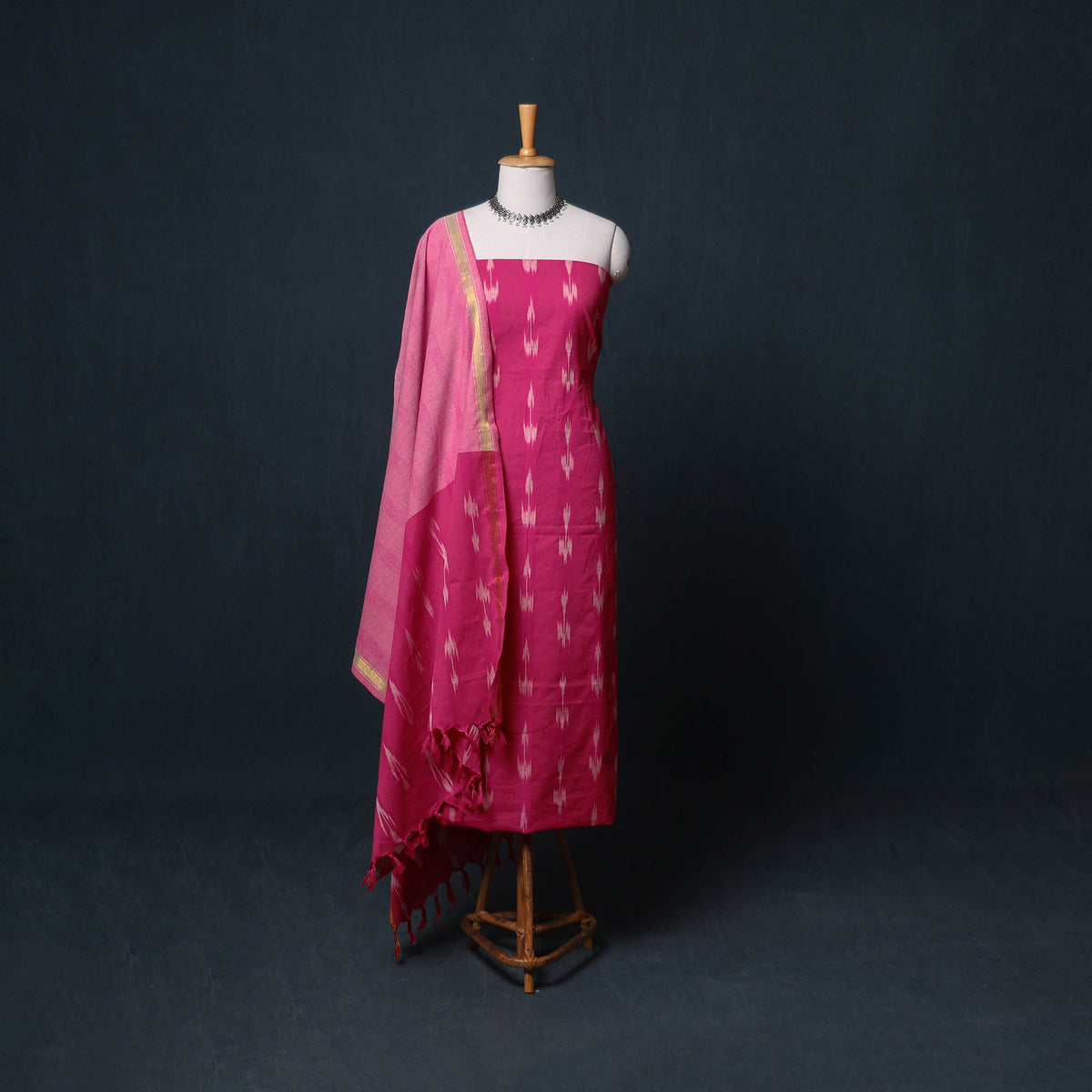 Pochampally Ikat Cotton Unstitched Dress Material: Kurta, Bottom with Dupatta 10