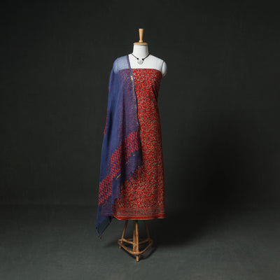 Ajrakh Block Print Natural Dyed Cotton Unstitched Dress Material: Kurta & Dupatta with Jewellery 12