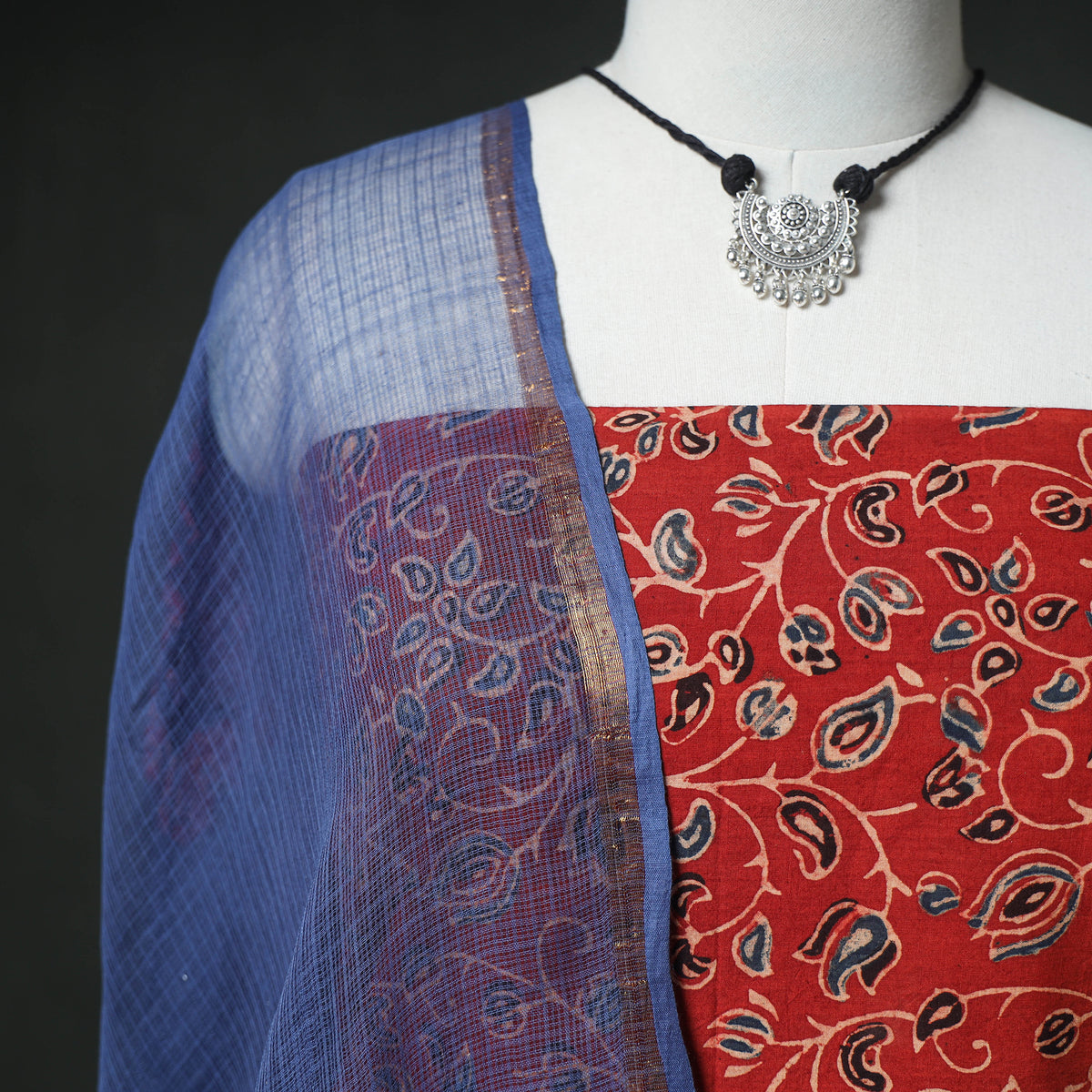 Ajrakh Block Print Natural Dyed Cotton Unstitched Dress Material: Kurta & Dupatta with Jewellery 12