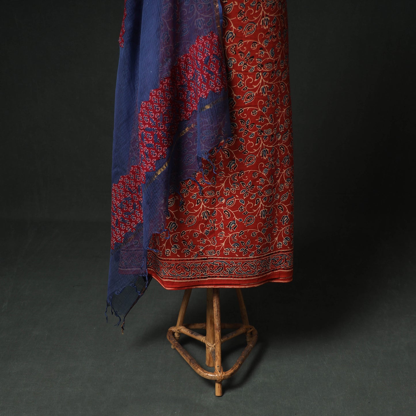 Ajrakh Block Print Natural Dyed Cotton Unstitched Dress Material: Kurta & Dupatta with Jewellery 12