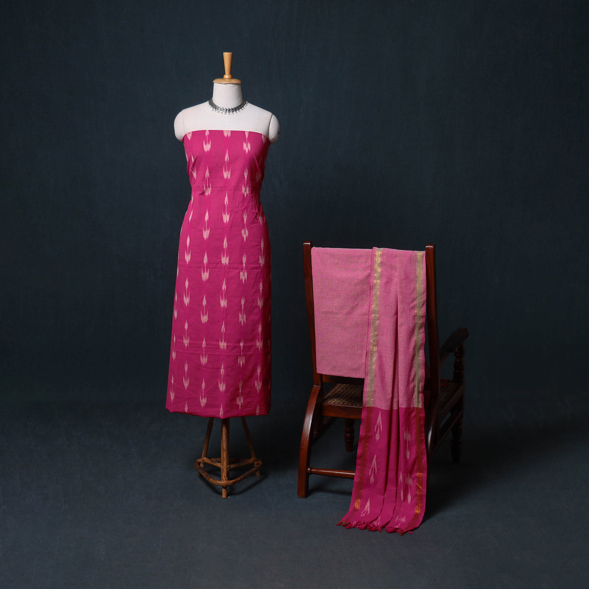 Pochampally Ikat Cotton Unstitched Dress Material: Kurta, Bottom with Dupatta 10