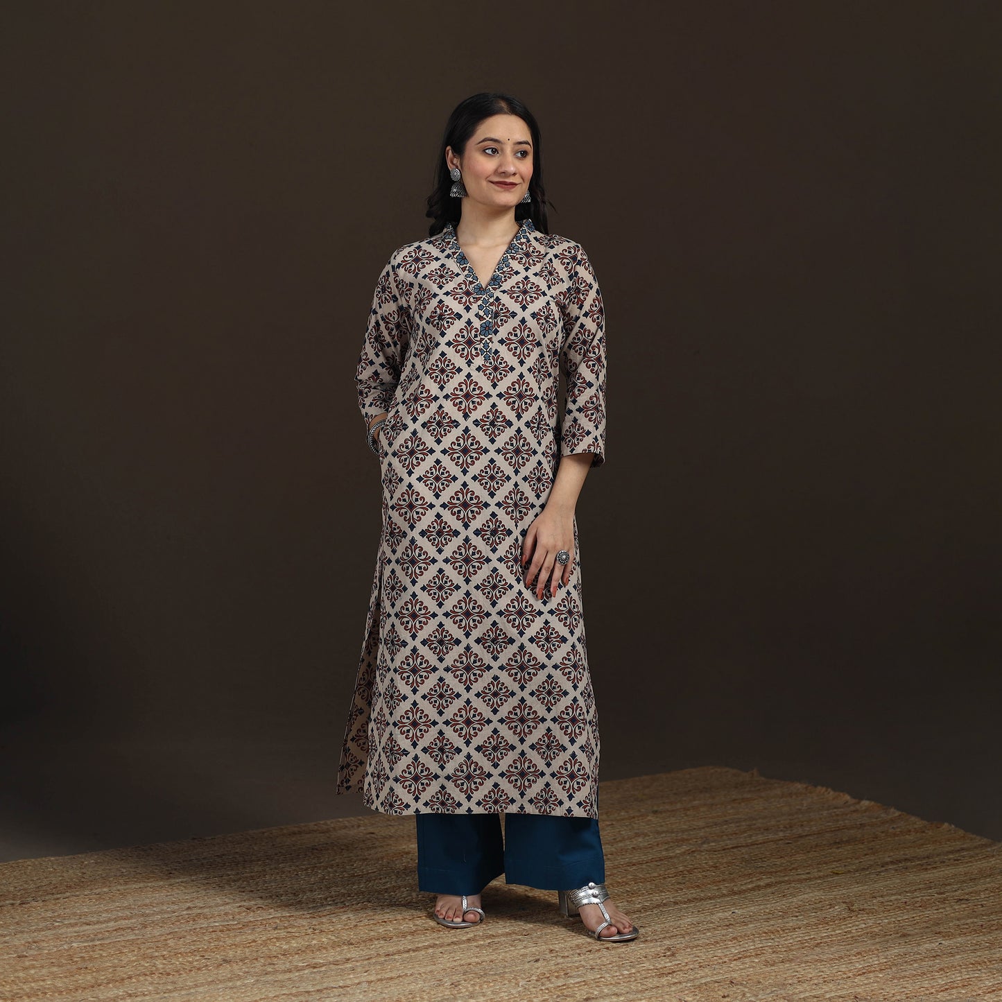 Ajrakh Hand Block Print Natural Dyed Cotton Straight Long Kurta for women 21