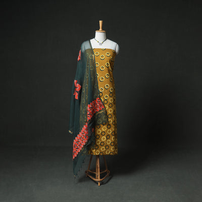 Ajrakh Block Print Natural Dyed Cotton Unstitched Dress Material: Kurta & Dupatta with Jewellery 13