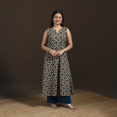 Ajrakh Hand Block Print Natural Dyed Cotton Sleeveless A-Line Long Kurta for women 34