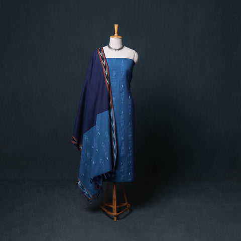 Pochampally Ikat Cotton Unstitched Dress Material: Kurta, Bottom with Dupatta 11